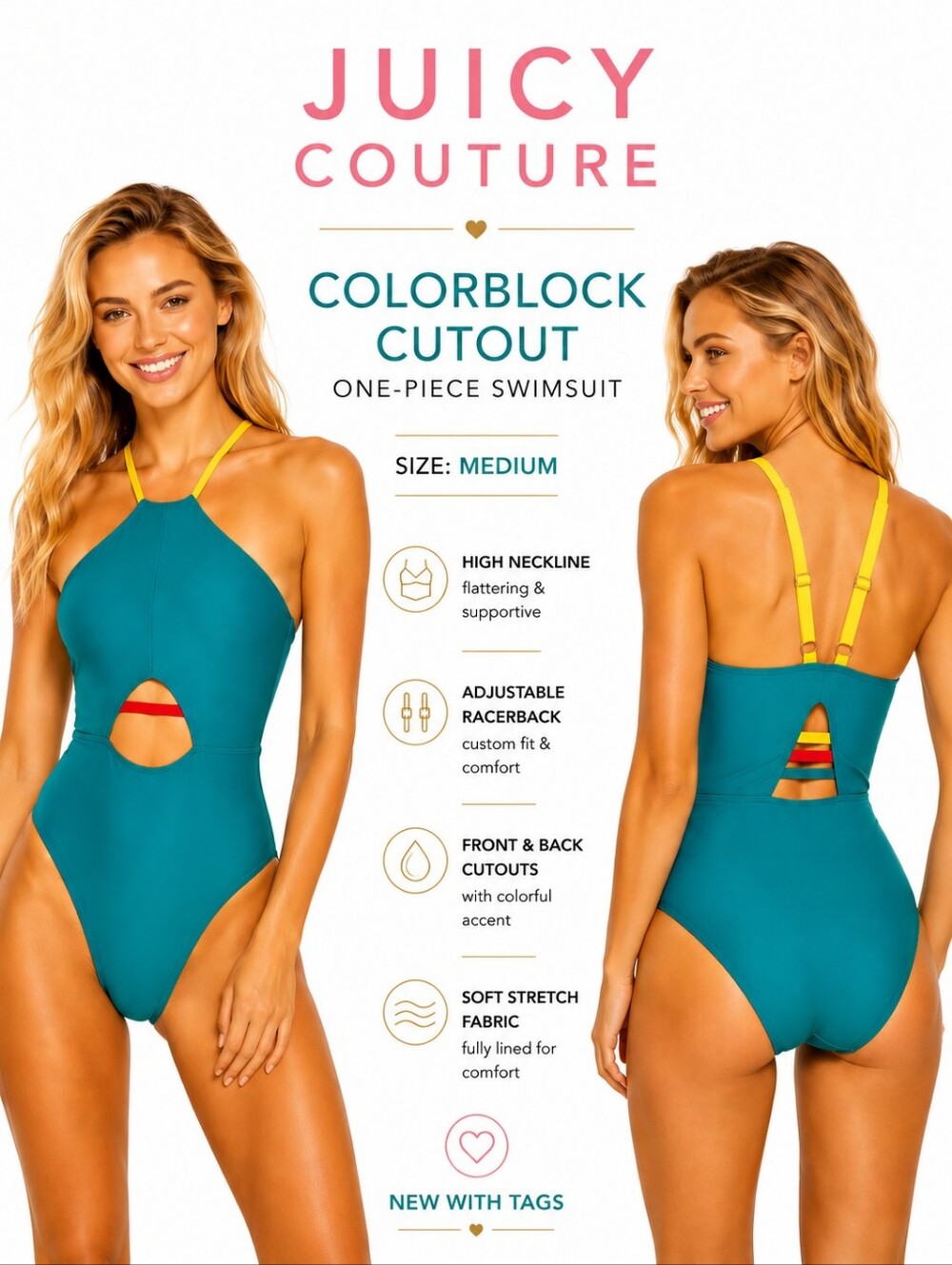 Juicy Couture High Neck Maillot Duck Green Colorblock Cutout One-Piece Swimsuit